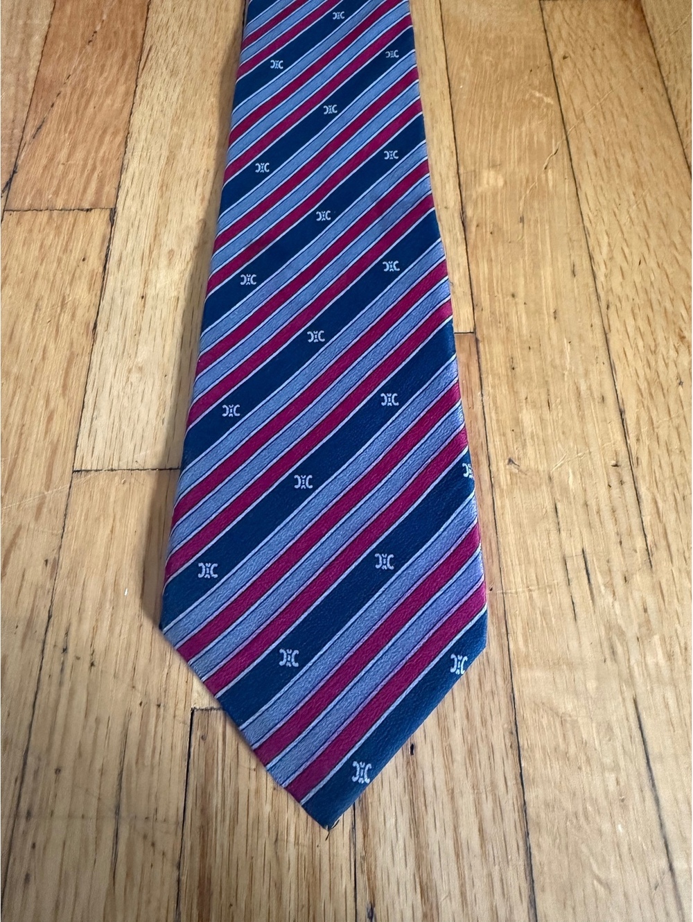 Vintage Celine Paris Pure Soie Silk Tie Navy Red Gray Stripe Logo Made France